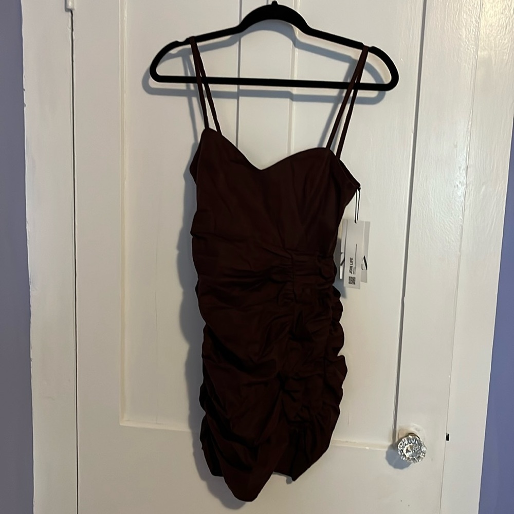Zara NWT brown cotton mini with spaghetti straps and gathers on sides.